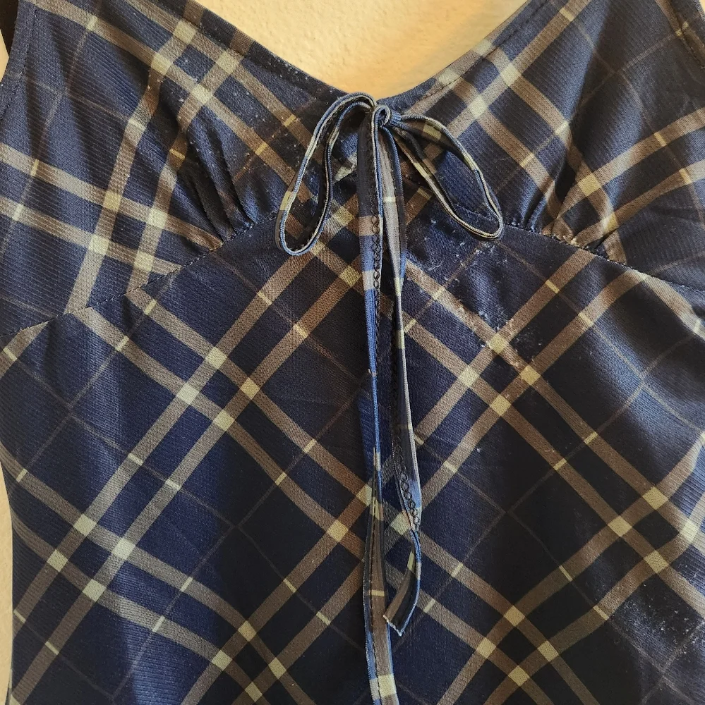 Navy blue and green gridded sleeveless mini dress with bow in the front - Picture 3 of 3